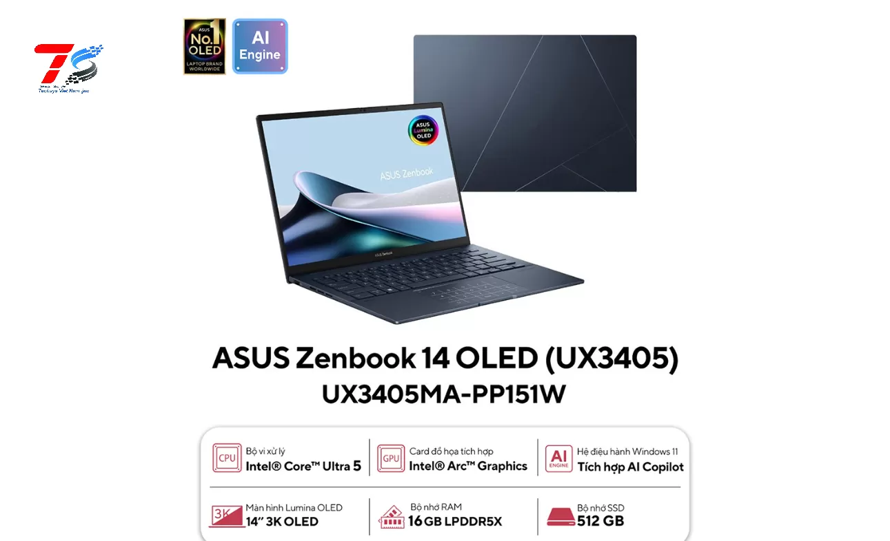 Laptop Asus Zenbook 14 OLED UX3405MA-PP151W (Intel Core Ultra 5 125H | 16GB | 512GB | Intel Arc | 14 inch 3K OLED | W11H | Xanh)